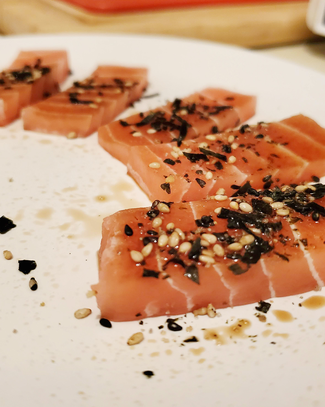 Vegan Zeastar Notuna and Zalmon Sashimi Crudo Topped with Nori Komi Furikake